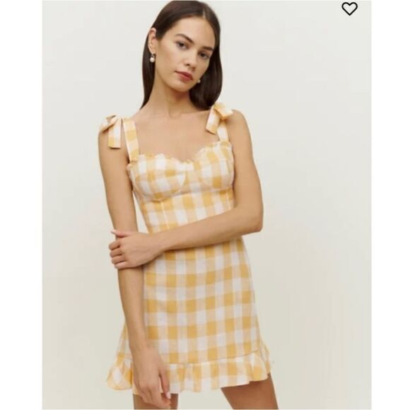 Reformation Desiree Linen Dress in Dandelion Check Yellow 6 - Picture 9 of 10